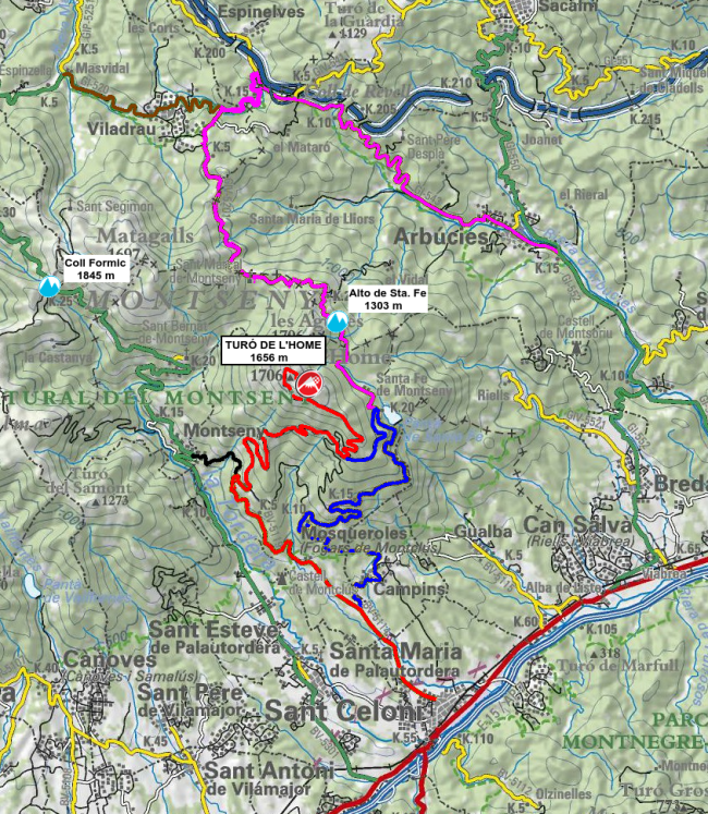 Plano de las vertientes del Turó de l'Home, modificado de icc.cat.
