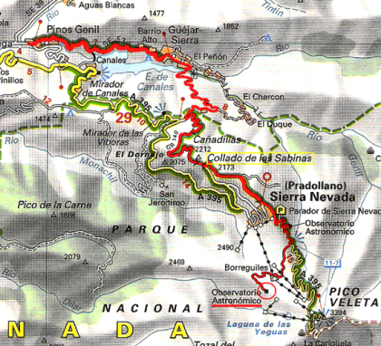 Plano de la subida completa de Granada al IRAM, por Haza Llana y el Collado de Las Sabinas.