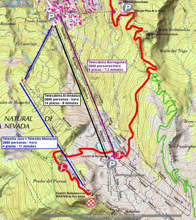 Plano de los telecabinas, telesillas y zonas de aparcamiento para una meta en el IRAM.