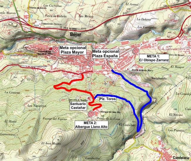  Plano con las diferentes opciones de meta en Béjar y las carreteras que suben al Santuario del Castañar y el Albergue Llano Alto.
