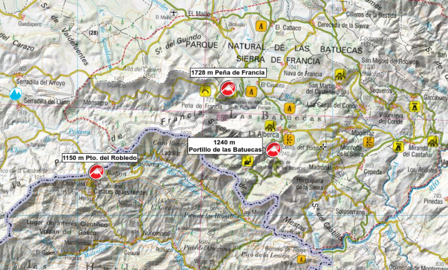 Mapa de la Sierra de Francia y sus principales puertos.